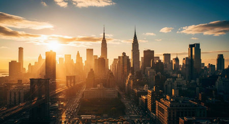 Cityscape with tall buildings, roads, and cars under a blue sky with clouds at sunset