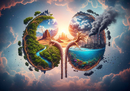 Lungs with tree roots, one side polluted factory, other green forest, river, mountain landscapeの写真素材