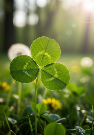 A single four-leaf clover grows amidst green grass and small yellow flowers in a sunny meadow.