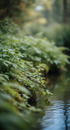 Calm stream flowing through a dense forest with green plants and trees reflected in the waterの写真素材