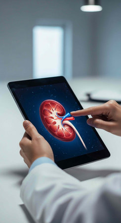 Hands of a doctor in a lab coat holding and interacting with a tablet displaying a kidney graphic