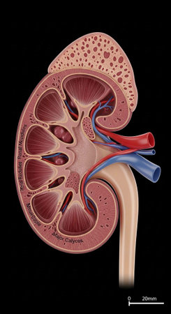 Detailed cross-section of human kidney showing internal structures, blood vessels, and renal anatomyの写真素材
