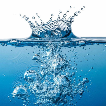 Clear blue water with splash and bubbles rising, against a clean white backdrop