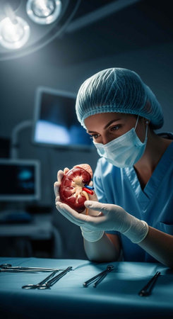Medical professional in scrubs and mask holding kidney model with surgical instruments on table