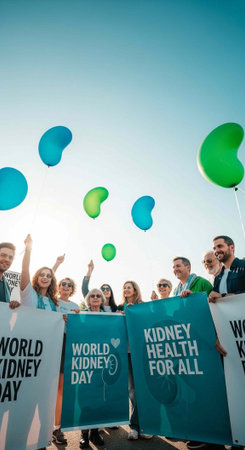 Group of people with signs and balloons on World Kidney Day, promoting kidney health awareness