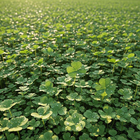 A dense field of green clover plants with round leaves and thin stems