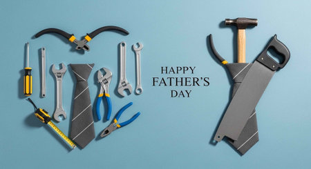 Heart-shaped tools and tie on blue background with Happy Father's Day text