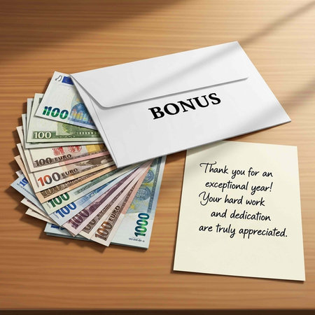 White envelope with bonus text, Euro bills, and thank you note on wood