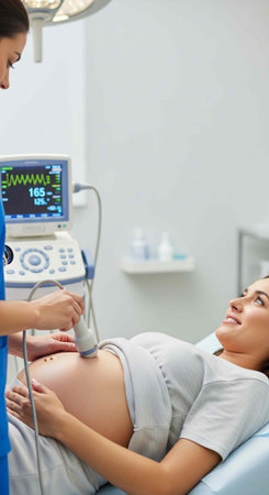 A pregnant woman lies on an examination table while a doctor performs an ultrasound scan in a...