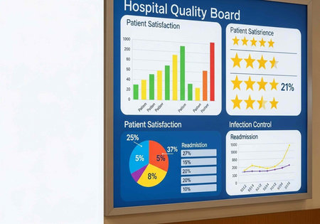 A hospital quality board displaying patient satisfaction graphs and infection control charts on a...