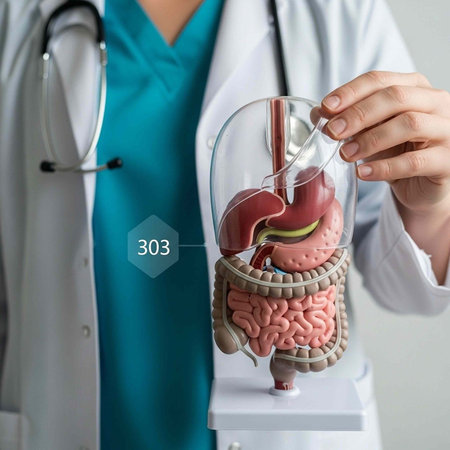 A medical professional holding a detailed model of the human digestive system in a clinical setting.の写真素材