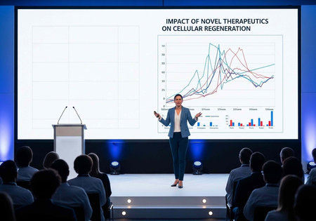 A confident businesswoman presenting a scientific graph on cellular regeneration to an audience in a...