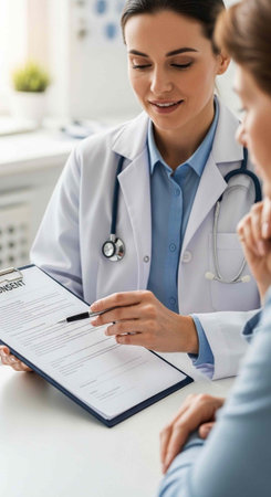 A female doctor discussing a medical report with a patient in a bright and clean office setting