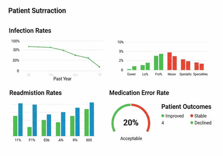 A medical infographic showing patient outcomes, infection rates, readmission rates, and medication...