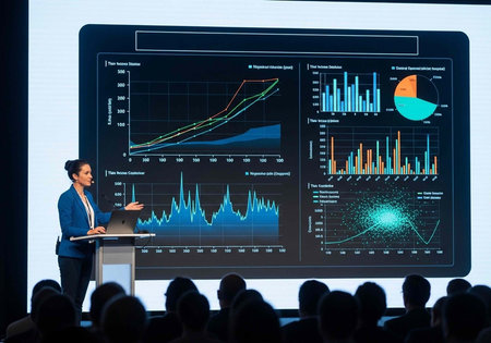 A businesswoman presents data analysis on a large screen to an audience in a conference setting.