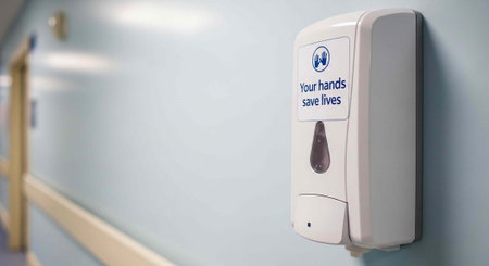 A hand sanitizer dispenser mounted on a hospital wall with a sign that reads 'Your hands save lives'