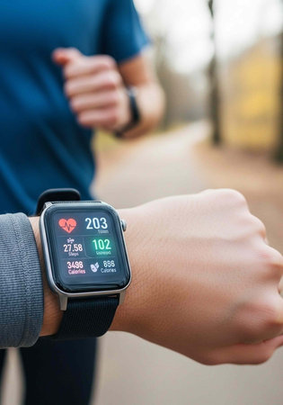 A close-up of a person's wrist wearing a smartwatch while jogging outdoors in a park or trail