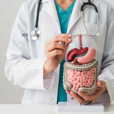 A doctor in a white lab coat holds a detailed model of the human digestive system.の写真素材