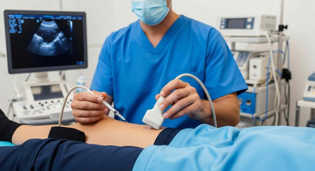 A medical professional performing an ultrasound examination on a patient in a modern hospital room