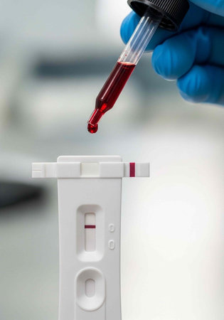 A gloved hand holding a pipette with red liquid over a pregnancy test in a medical setting