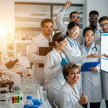 A group of diverse scientists and researchers in lab coats celebrating in a laboratory setting with various equipmentの写真素材