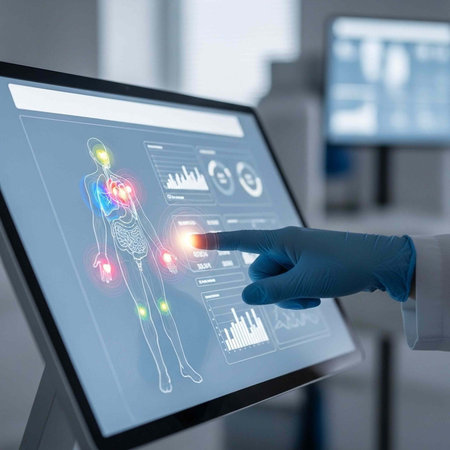 A medical professional interacts with a futuristic digital screen displaying a human body scan with...