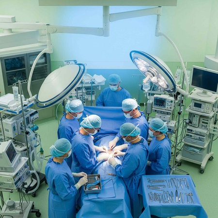 A team of surgeons in blue scrubs performing a surgical operation in a modern hospital operating...