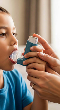 A young boy using an asthma inhaler with the help of an adult indoorsの写真素材
