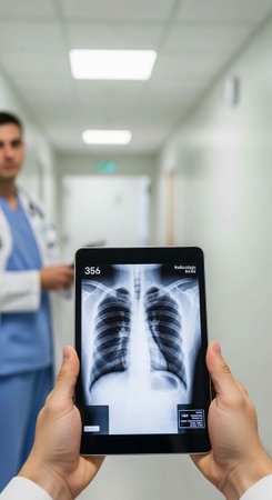 A doctor examines a digital X-ray of a patient's lungs on a tablet in a hospital corridor
