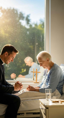 A man and an elderly woman hold hands in a hospital room with a priest praying in the background