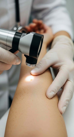 A doctor examines a patient's skin with a dermatoscope in a medical setting for a thorough checkup