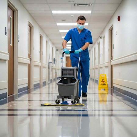 A healthcare worker in blue scrubs cleaning a hospital hallway with a mop and bucket