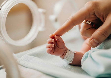 A tender moment between a newborn baby and a parent in a hospital setting with a focus on the tiny...