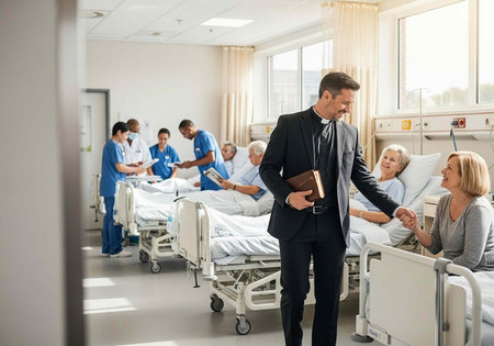 A man visits a patient in a hospital room with medical staff and other patients in the background