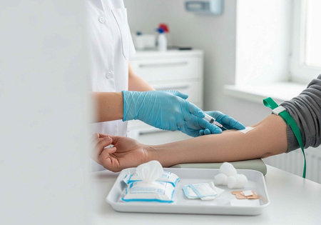A medical professional in a white coat and blue gloves taking a blood sample from a patient's armの写真素材