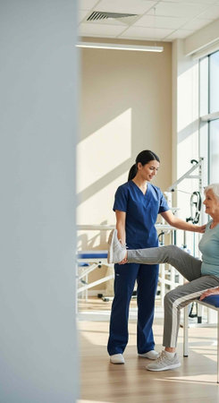 A female physical therapist assisting a patient with leg exercises in a modern rehabilitation center