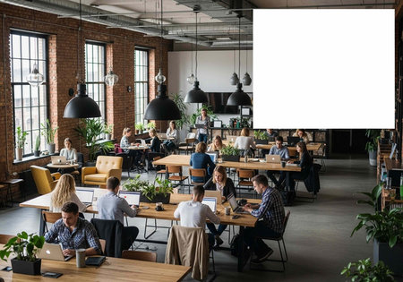 A bustling modern office space with people working on laptops at wooden desks surrounded by plants...