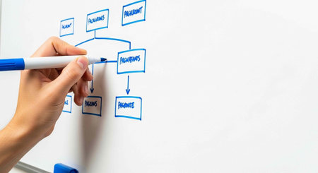 A hand drawing a flowchart on a whiteboard with a blue marker for business planning and strategy