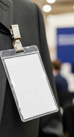 A close-up of a blank identification badge on a lanyard around a person's neck in a professional...