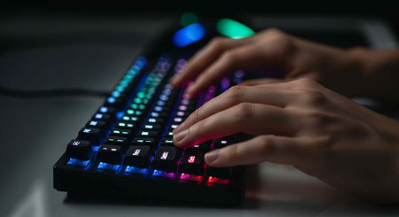 A person's hands typing on a colorful backlit keyboard in a dark room with a blurred background