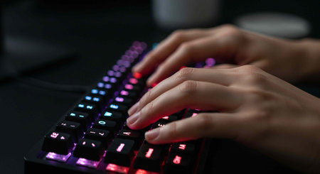Close-up of hands typing on a colorful backlit keyboard in a dark room with blurred background