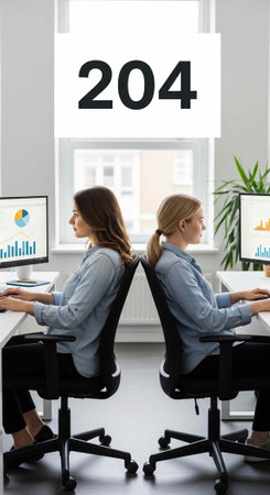 Two businesswomen working on computers in a modern office with a large window and a plant