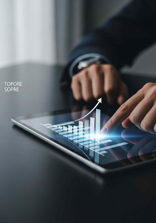A businessman analyzing a bar graph on a tablet with a finger pointing to an upward trend