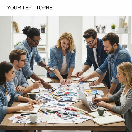 A diverse group of young adults collaborating on a creative project in a modern office space with...