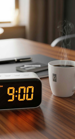 A digital alarm clock and a steaming cup of coffee on a wooden desk in a modern office setting