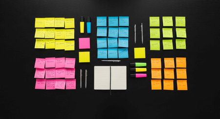 A collection of colorful sticky notes and pens arranged on a black background for organization and...