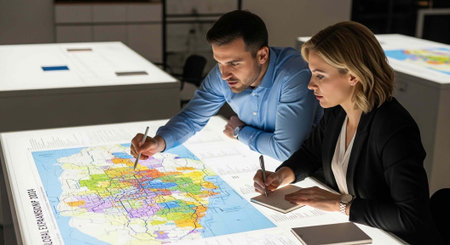 Two business professionals analyzing a colorful map in a modern office setting with a focus on...