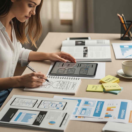 A young woman working on a design project at a desk with papers and a digital tablet