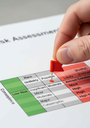 A hand placing a red marker on a risk assessment matrix with a color-coded table