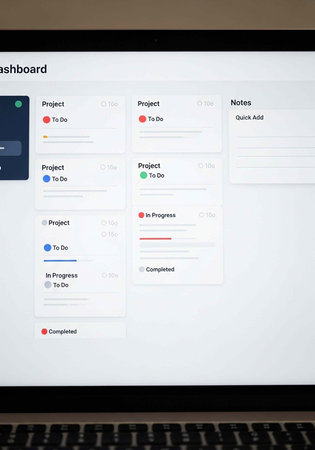 A close-up view of a laptop screen displaying a project management dashboard with various tasks and...